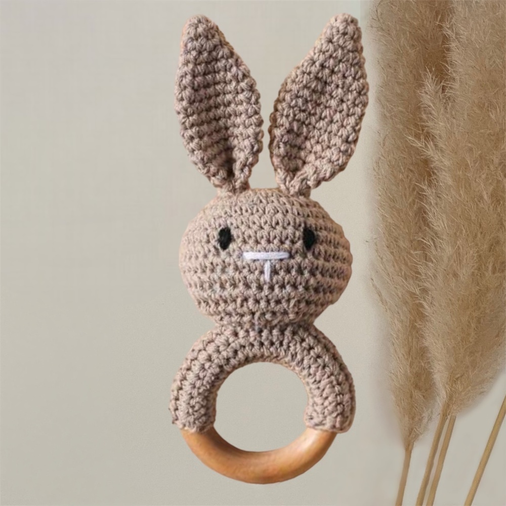 NWT Crochet Beige Bunny Rabbit Baby Rattle, Baby Gift, Baby Toy, Baby Teether